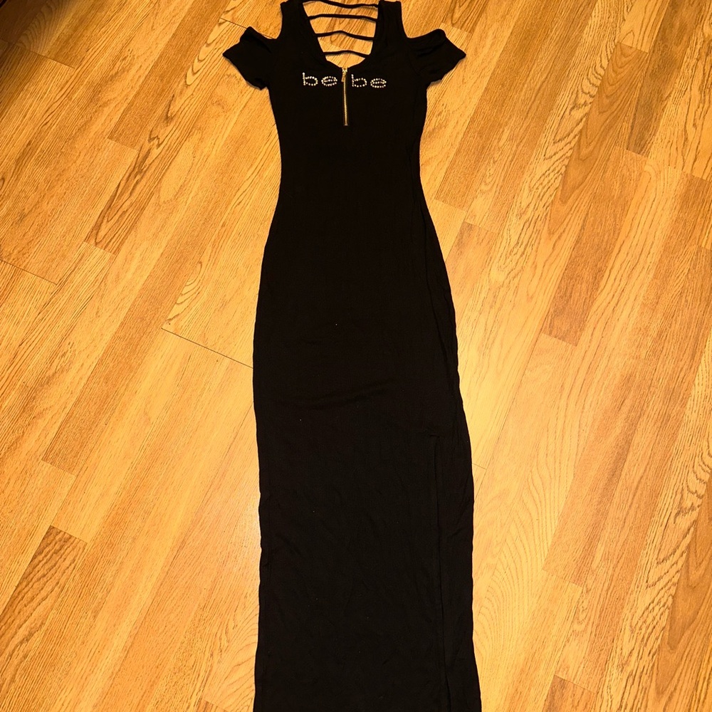 bebe Black Cold-Shoulder Strappy Maxi Dress with Logo